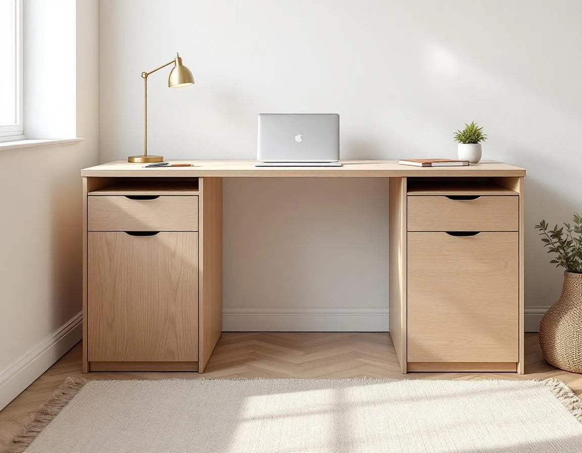 Bureau Crau — plateau bois et 2 caissons à tiroirs, lampe et carnet