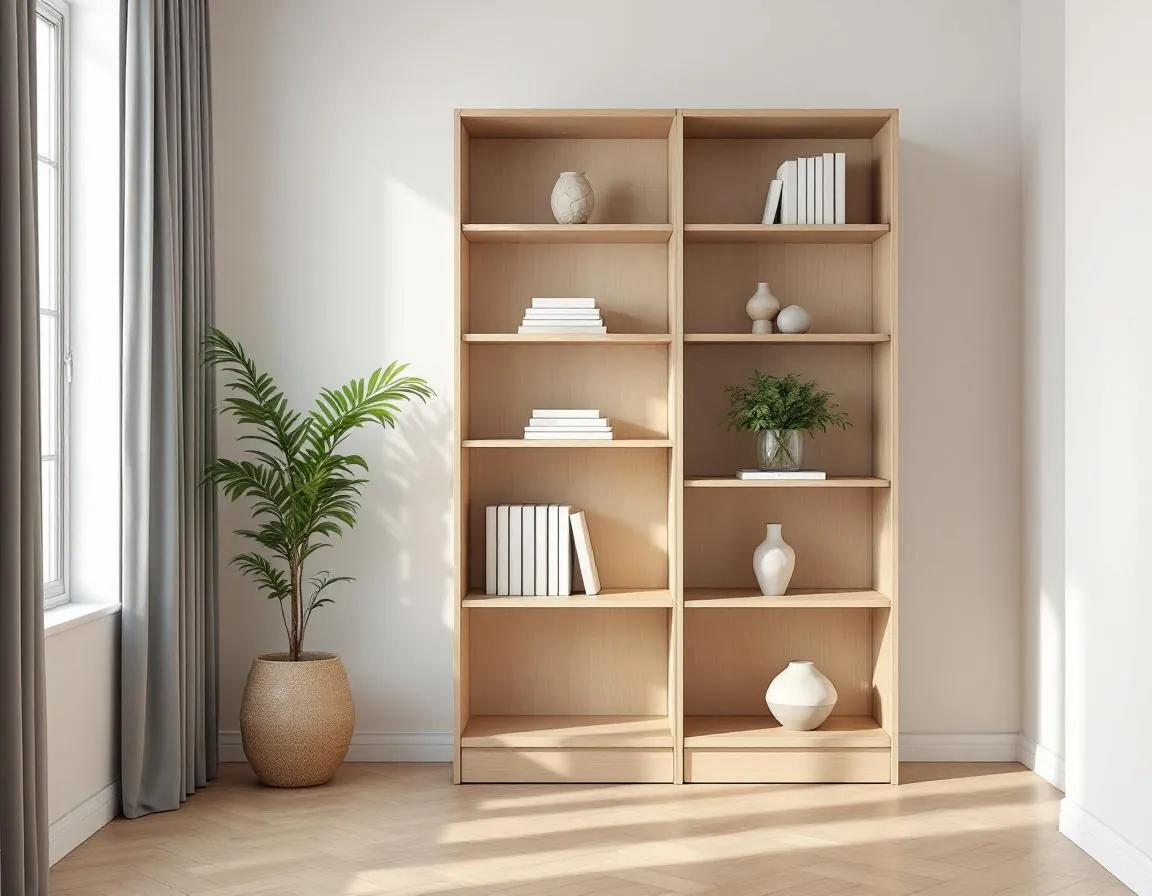 Bibliothèque Garlaban en chêne nervuré naturel, vue trois-quarts face